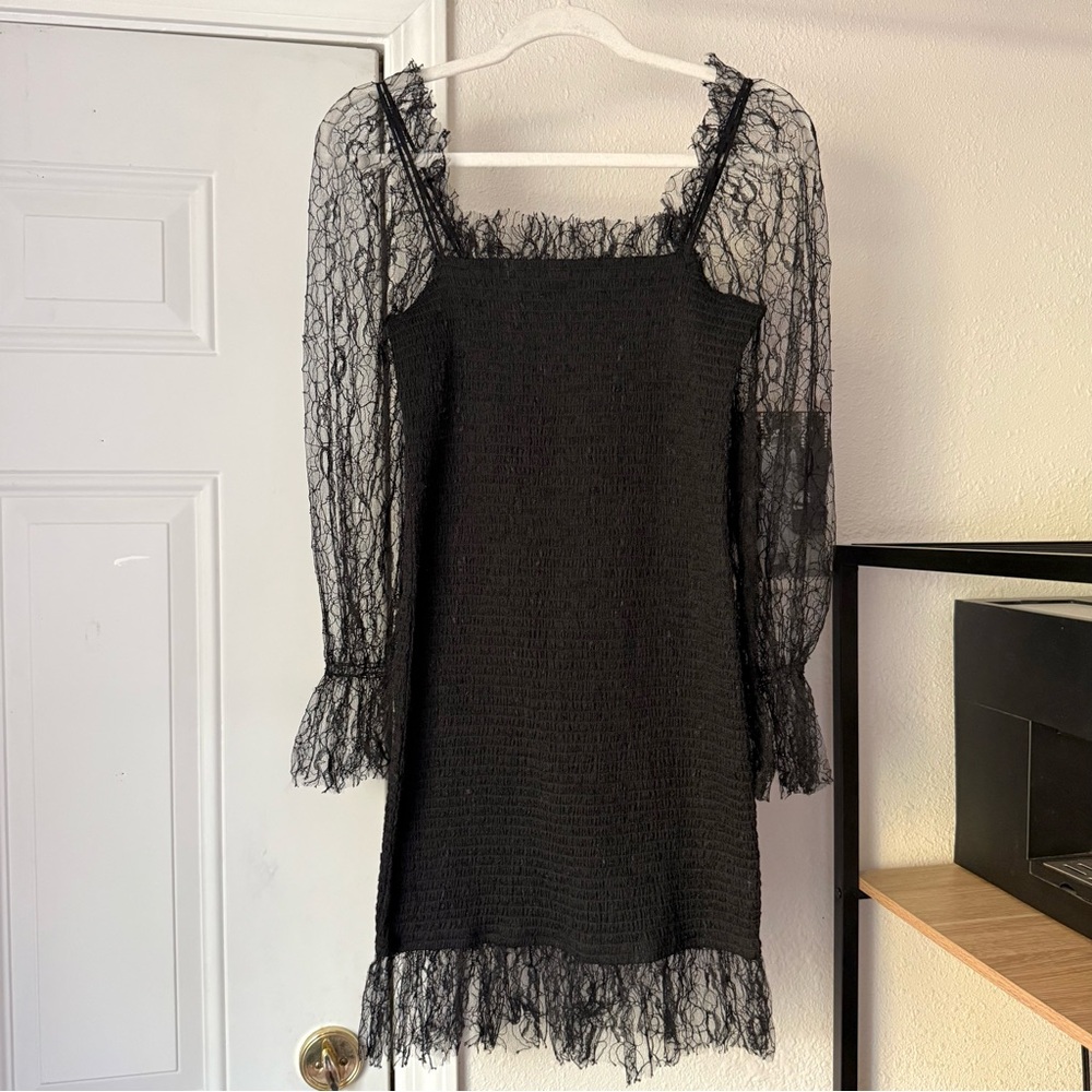 ALICE MCCALL black mesh lace sheer puff long sleeve smocked bodycon mini dress